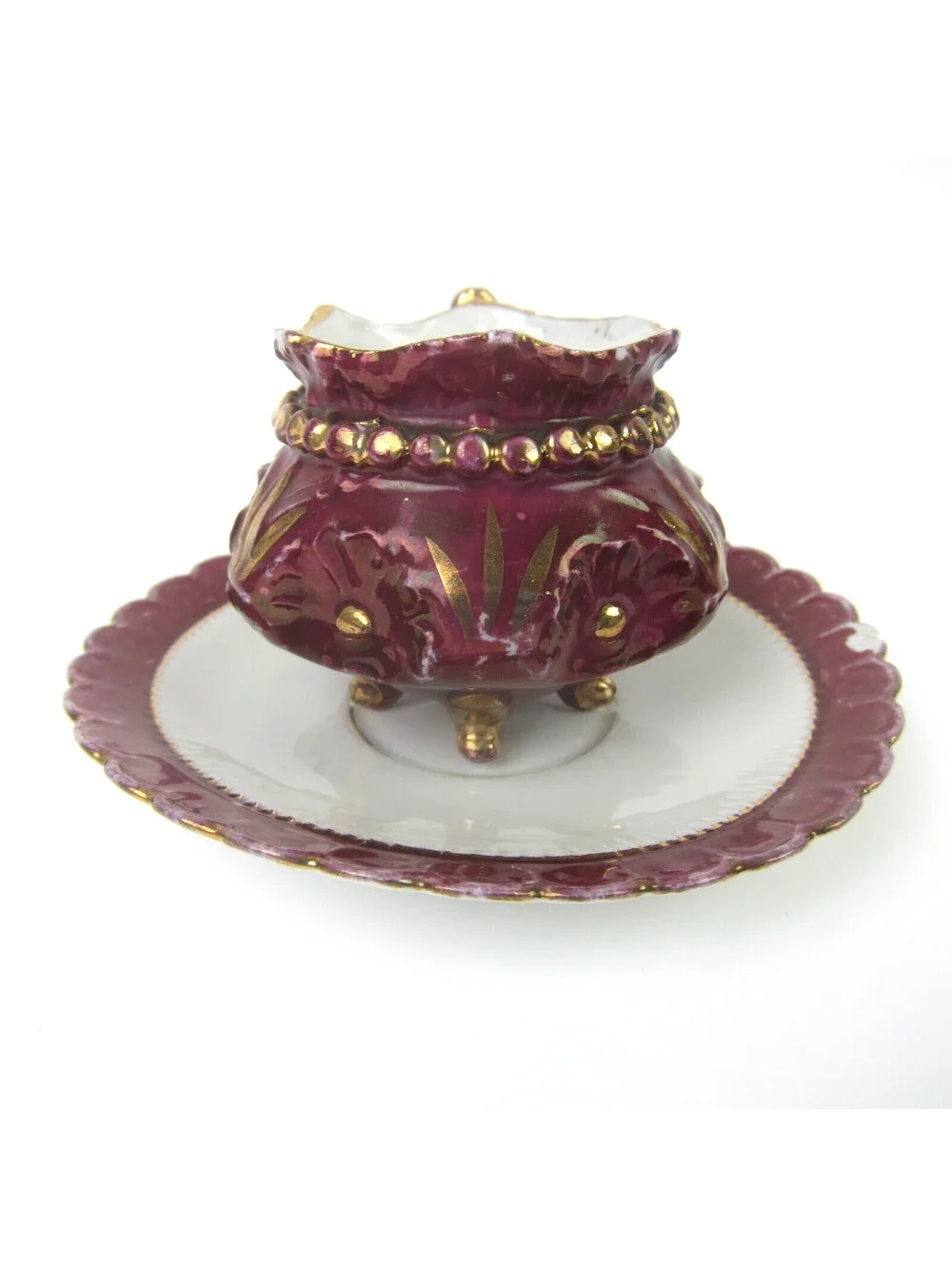Antique Porcelain Footed Tea Cup & Saucer Set Burgundy & Gold Floral Demitasse